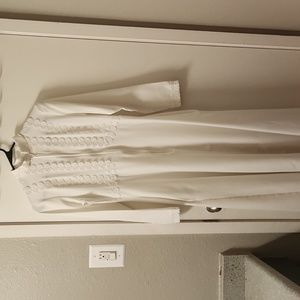 70s Vintage White Polyester Zip Front Long Sleeve Maxi Robe Gown with Pockets S